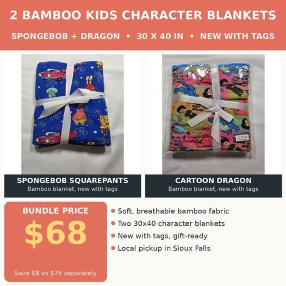 Bamboo Kids Character Blanket Set SpongeBob Dragon 30x40 NWT